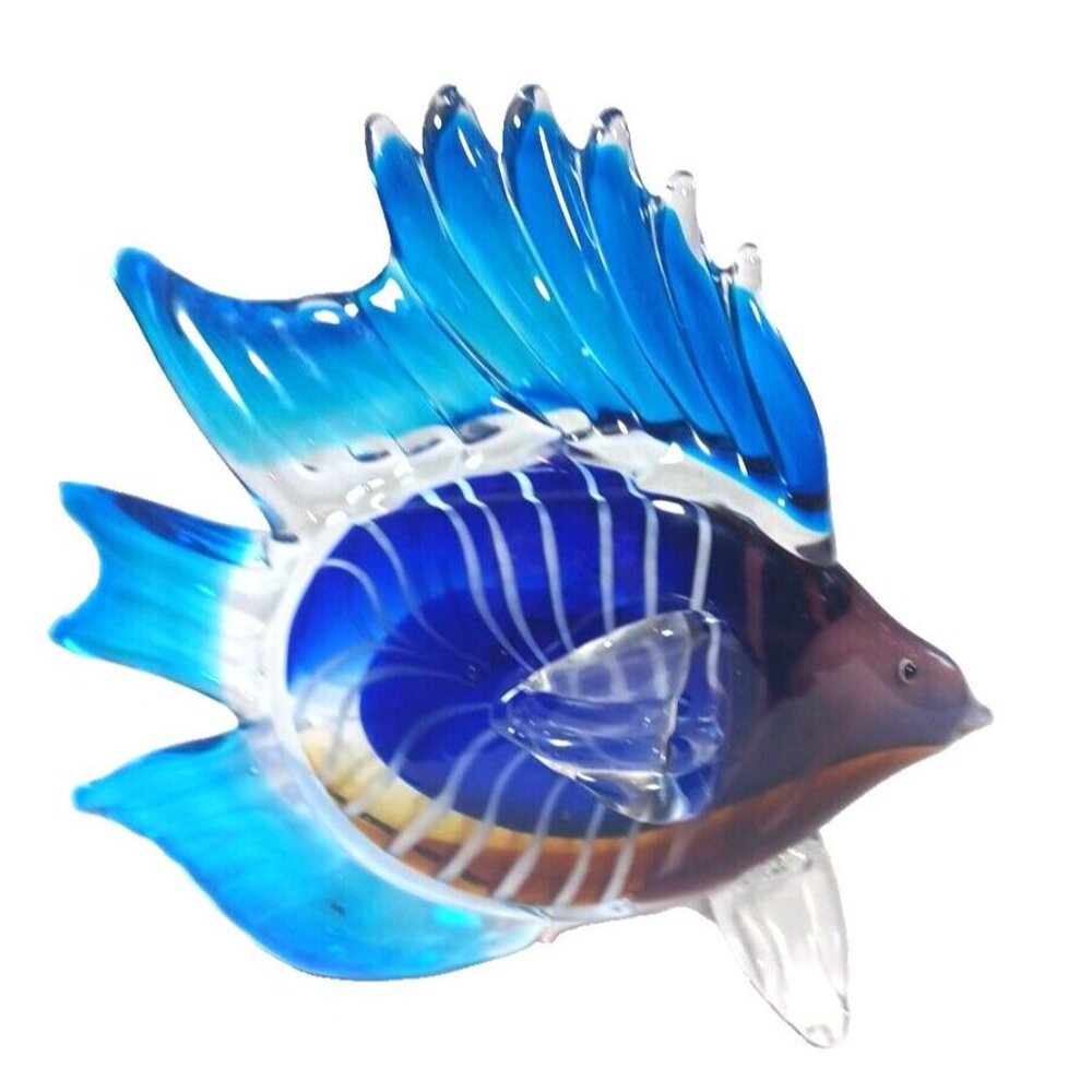 Large Rare Tetra Cobalt Turquoise Angel Fish Murano Sculpture 10" X 8.5 Vintage - Picture 8 of 14